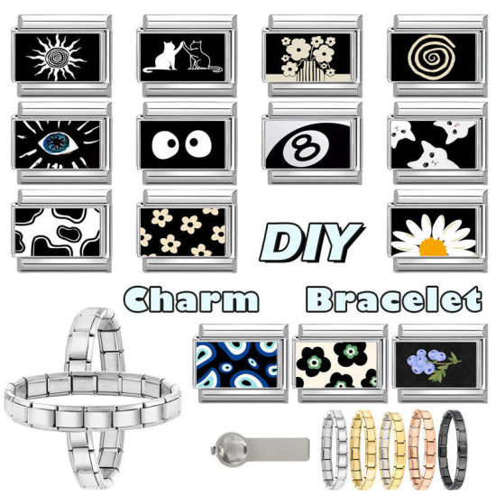 Picture of 1 Piece 304 Stainless Steel Valentine's Day Italian Charm Links For DIY Bracelet Jewelry Making Silver Tone Black Rectangle Heart 10mm x 9mm