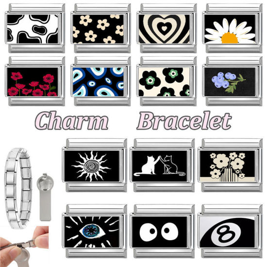 Picture of 1 Piece 304 Stainless Steel Valentine's Day Italian Charm Links For DIY Bracelet Jewelry Making Silver Tone Black Rectangle Heart 10mm x 9mm