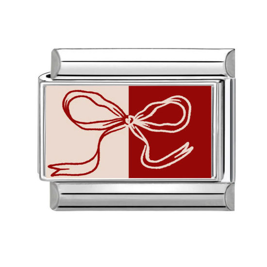 Picture of 1 Piece 304 Stainless Steel Valentine's Day Italian Charm Links For DIY Bracelet Jewelry Making Silver Tone Red Rectangle Bowknot 10mm x 9mm