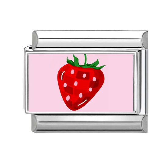 Picture of 1 Piece 304 Stainless Steel Valentine's Day Italian Charm Links For DIY Bracelet Jewelry Making Silver Tone Red Rectangle Strawberry Fruit 10mm x 9mm