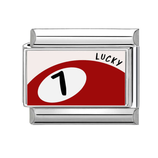 Picture of 1 Piece 304 Stainless Steel Valentine's Day Italian Charm Links For DIY Bracelet Jewelry Making Silver Tone Rectangle No.7 Billiard Pool Ball Message " Lucky " 10mm x 9mm