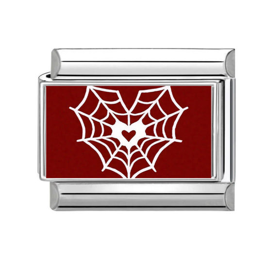 Picture of 1 Piece 304 Stainless Steel Valentine's Day Italian Charm Links For DIY Bracelet Jewelry Making Silver Tone Red Rectangle Heart 10mm x 9mm