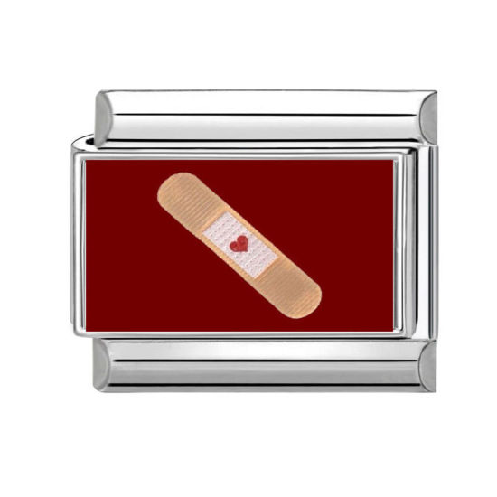 Picture of 1 Piece 304 Stainless Steel Valentine's Day Italian Charm Links For DIY Bracelet Jewelry Making Silver Tone Red Rectangle Adhesive Bandage 10mm x 9mm