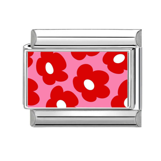 Picture of 1 Piece 304 Stainless Steel Valentine's Day Italian Charm Links For DIY Bracelet Jewelry Making Silver Tone Red Rectangle Flower 10mm x 9mm