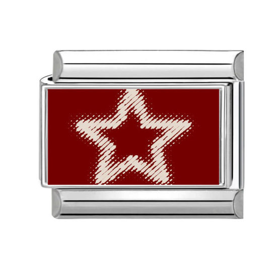Picture of 1 Piece 304 Stainless Steel Valentine's Day Italian Charm Links For DIY Bracelet Jewelry Making Silver Tone Red Rectangle Pentagram Star 10mm x 9mm