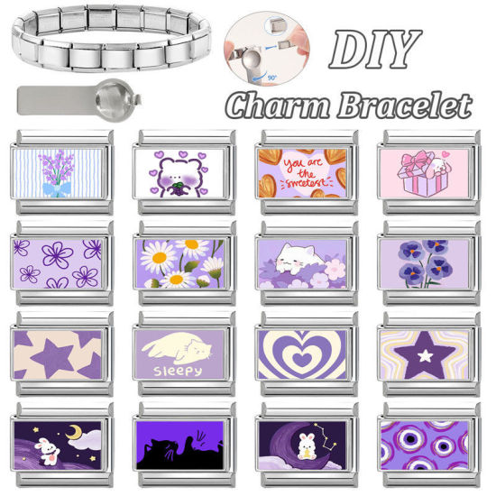 Image de 1 Pièce Bracelet à Maillons Breloques Italiens Accessories de Fabrication de Bracelets Bijoux DIY Exquis en 304 Acier Inoxydable Argent Mat Violet Rectangle Yeux 10mm x 9mm