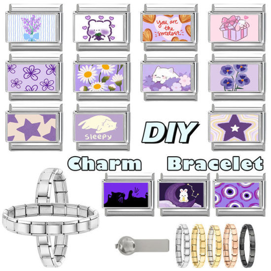 Image de 1 Pièce Bracelet à Maillons Breloques Italiens Accessories de Fabrication de Bracelets Bijoux DIY Exquis en 304 Acier Inoxydable Argent Mat Violet Rectangle Yeux 10mm x 9mm