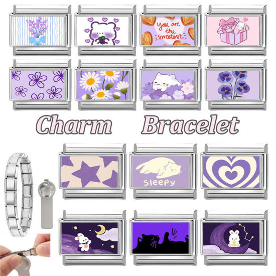 Image de 1 Pièce Bracelet à Maillons Breloques Italiens Accessories de Fabrication de Bracelets Bijoux DIY Exquis en 304 Acier Inoxydable Argent Mat Violet Rectangle Yeux 10mm x 9mm