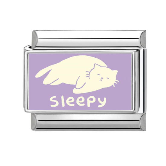 Image de 1 Pièce Bracelet à Maillons Breloques Italiens Accessories de Fabrication de Bracelets Bijoux DIY Exquis en 304 Acier Inoxydable Argent Mat Violet Rectangle Chats Mots " Sleepy " 10mm x 9mm