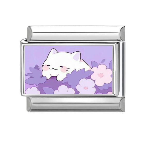Image de 1 Pièce Bracelet à Maillons Breloques Italiens Accessories de Fabrication de Bracelets Bijoux DIY Exquis en 304 Acier Inoxydable Argent Mat Violet Rectangle Chats 10mm x 9mm