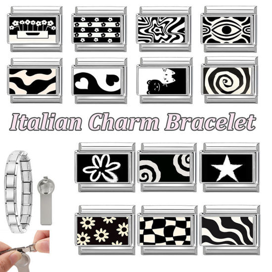 Immagine di 1 Pz 304 Acciaio Inossidabile Squisito Bracciale con Charm Italiano a Maglie, Creazione di Gioielli Fai-da-te Tono Argento Nero Rettangolo Increspatura 10mm x 9mm