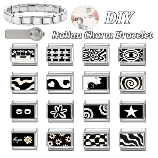 Immagine di 1 Pz 304 Acciaio Inossidabile Squisito Bracciale con Charm Italiano a Maglie, Creazione di Gioielli Fai-da-te Tono Argento Nero Rettangolo Increspatura 10mm x 9mm