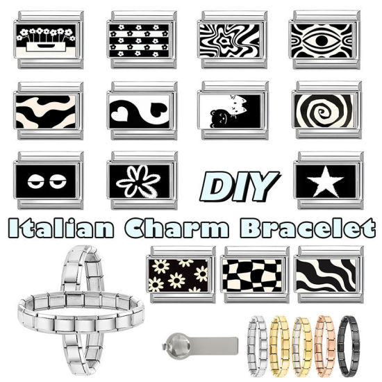 Immagine di 1 Pz 304 Acciaio Inossidabile Squisito Bracciale con Charm Italiano a Maglie, Creazione di Gioielli Fai-da-te Tono Argento Nero Rettangolo Increspatura 10mm x 9mm