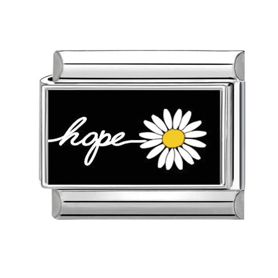 Bild von 1 Stück 304 Edelstahl Exquisit Charm-Armband mit italienischen Gliedern zur Herstellung von DIY-Schmuck Silberfarbe Schwarz Rechteck Blumen Message " Hope " 10mm x 9mm