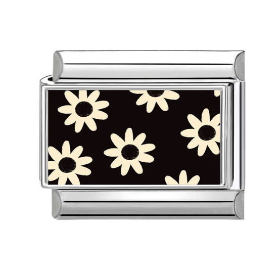 Bild von 1 Stück 304 Edelstahl Exquisit Charm-Armband mit italienischen Gliedern zur Herstellung von DIY-Schmuck Silberfarbe Schwarz Rechteck Blumen 10mm x 9mm