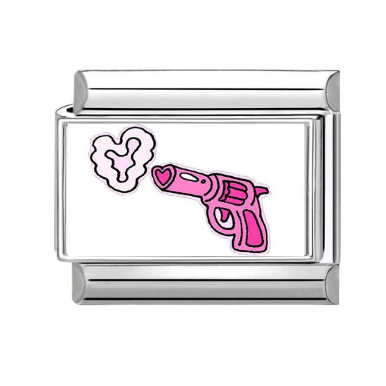 Picture of 1 Piece 304 Stainless Steel Italian Charm Links For DIY Bracelet Jewelry Making Silver Tone Pink Rectangle Gun 10mm x 9mm