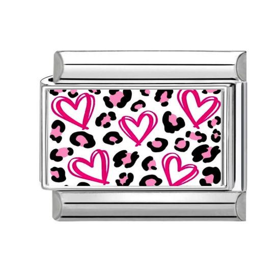 Picture of 1 Piece 304 Stainless Steel Italian Charm Links For DIY Bracelet Jewelry Making Silver Tone Multicolor Rectangle Heart 10mm x 9mm