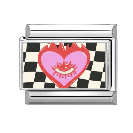 Picture of 1 Piece 304 Stainless Steel Valentine's Day Italian Charm Links For DIY Bracelet Jewelry Making Silver Tone Pink Rectangle Heart 10mm x 9mm