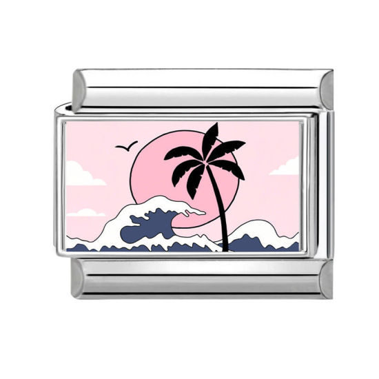 Picture of 1 Piece 304 Stainless Steel Italian Charm Links For DIY Bracelet Jewelry Making Silver Tone Multicolor Rectangle Coconut Palm Tree 10mm x 9mm