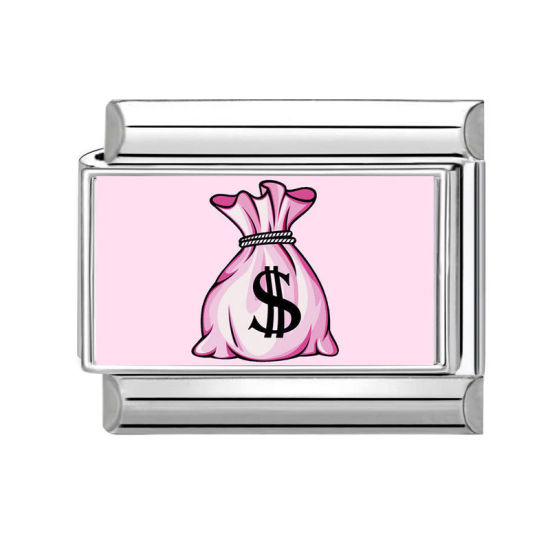Picture of 1 Piece 304 Stainless Steel Italian Charm Links For DIY Bracelet Jewelry Making Silver Tone Pink Rectangle Money Sign 10mm x 9mm