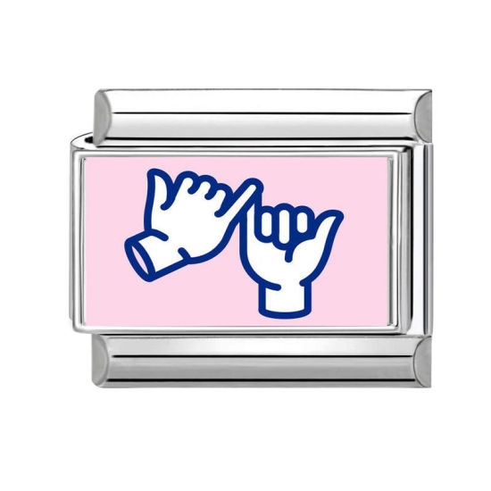 Picture of 1 Piece 304 Stainless Steel Italian Charm Links For DIY Bracelet Jewelry Making Silver Tone Pink Rectangle Hand 10mm x 9mm