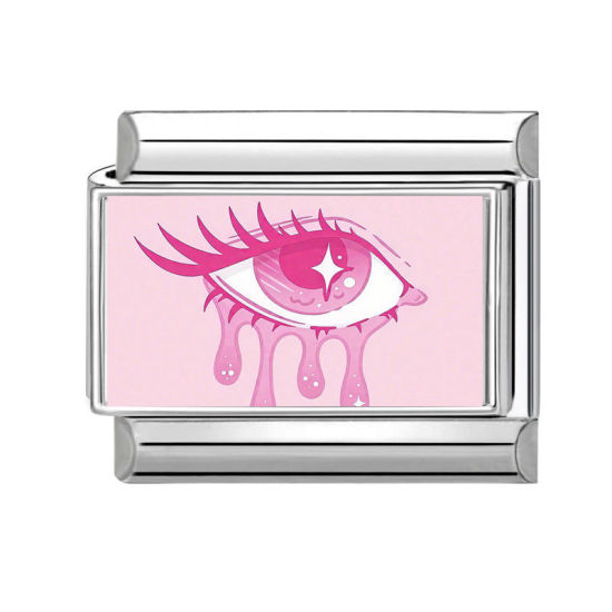 Picture of 1 Piece 304 Stainless Steel Italian Charm Links For DIY Bracelet Jewelry Making Silver Tone Pink Rectangle Eye 10mm x 9mm