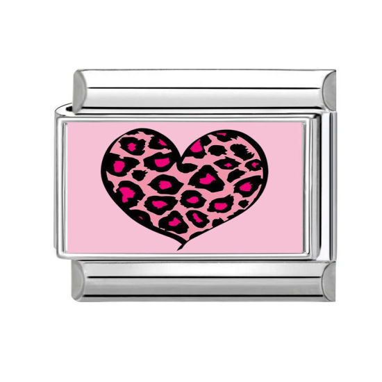 Picture of 1 Piece 304 Stainless Steel Valentine's Day Italian Charm Links For DIY Bracelet Jewelry Making Silver Tone Pink Rectangle Heart 10mm x 9mm