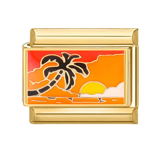 Picture of 1 Piece 304 Stainless Steel Italian Charm Links For DIY Bracelet Jewelry Making Gold Plated Multicolor Rectangle Coconut Palm Tree 10mm x 9mm