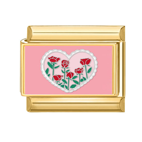 Picture of 1 Piece 304 Stainless Steel Valentine's Day Italian Charm Links For DIY Bracelet Jewelry Making Gold Plated Multicolor Rectangle Flower 10mm x 9mm