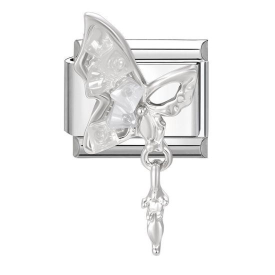 Picture of 1 Piece 304 Stainless Steel Italian Charm Links For DIY Bracelet Jewelry Making Silver Tone Rectangle Butterfly 10mm x 9mm