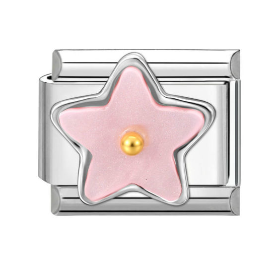 Picture of 1 Piece 304 Stainless Steel Italian Charm Links For DIY Bracelet Jewelry Making Silver Tone Pink Rectangle Pentagram Star 10mm x 9mm