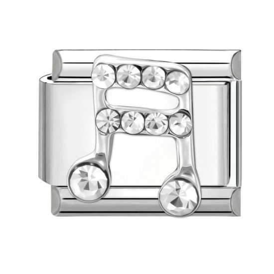 Picture of 1 Piece 304 Stainless Steel Italian Charm Links For DIY Bracelet Jewelry Making Silver Tone Rectangle Musical Note Clear Rhinestone 10mm x 9mm