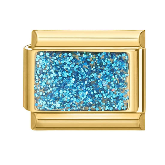 Picture of 1 Piece 304 Stainless Steel Italian Charm Links For DIY Bracelet Jewelry Making Gold Plated Blue Rectangle Glitter 10mm x 9mm