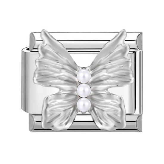 Picture of 1 Piece 304 Stainless Steel Italian Charm Links For DIY Bracelet Jewelry Making Silver Tone Rectangle Butterfly 10mm x 9mm