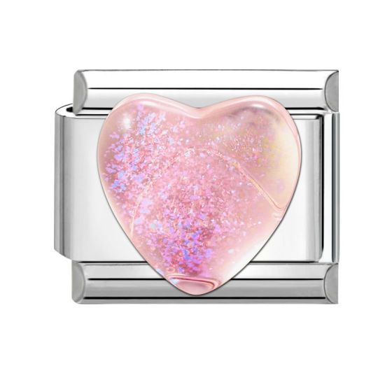 Picture of 1 Piece 304 Stainless Steel Valentine's Day Italian Charm Links For DIY Bracelet Jewelry Making Silver Tone Pink Rectangle Heart 10mm x 9mm