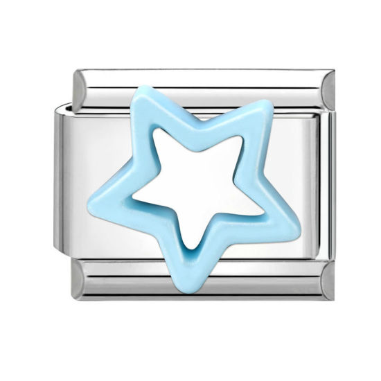 Picture of 1 Piece 304 Stainless Steel Italian Charm Links For DIY Bracelet Jewelry Making Silver Tone Blue Rectangle Pentagram Star 10mm x 9mm