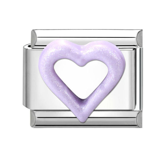 Picture of 1 Piece 304 Stainless Steel Valentine's Day Italian Charm Links For DIY Bracelet Jewelry Making Silver Tone Purple Rectangle Heart 10mm x 9mm