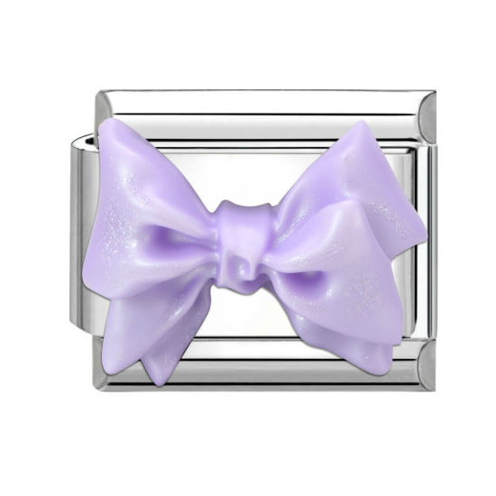 Picture of 1 Piece 304 Stainless Steel Italian Charm Links For DIY Bracelet Jewelry Making Silver Tone Purple Rectangle Bowknot 10mm x 9mm