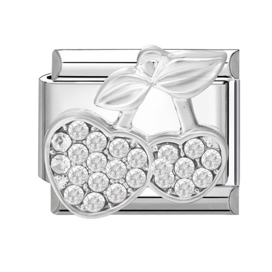 Picture of 1 Piece 304 Stainless Steel Italian Charm Links For DIY Bracelet Jewelry Making Silver Tone Rectangle Cherry Fruit Clear Rhinestone 10mm x 9mm