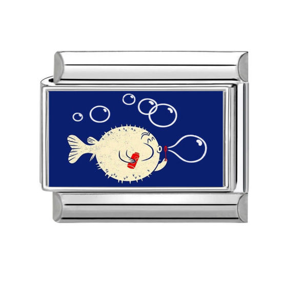 Image de 1 Pièce Bracelet à Maillons Breloques Italiens Accessories de Fabrication de Bracelets Bijoux DIY en 304 Acier Inoxydable Argent Mat Bleu Rectangle Poisson-Globe 10mm x 9mm