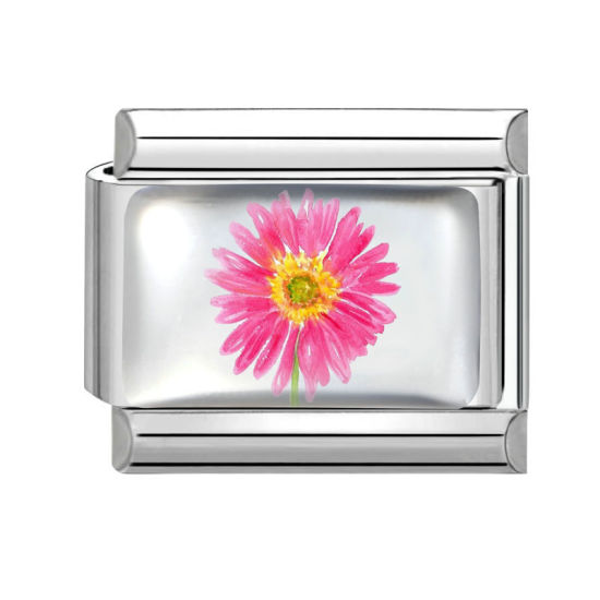 Bild von 1 Stück 304 Edelstahl Charm-Armband mit italienischen Gliedern zur Herstellung von DIY-Schmuck Silberfarbe Fuchsie Rechteck Blumen 10mm x 9mm