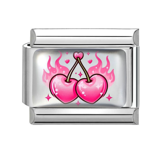 Bild von 1 Stück 304 Edelstahl Charm-Armband mit italienischen Gliedern zur Herstellung von DIY-Schmuck Silberfarbe Rosa Rechteck Kirsche 10mm x 9mm