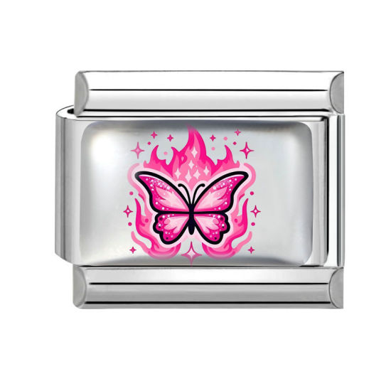 Bild von 1 Stück 304 Edelstahl Charm-Armband mit italienischen Gliedern zur Herstellung von DIY-Schmuck Silberfarbe Rosa Rechteck Schmetterling 10mm x 9mm