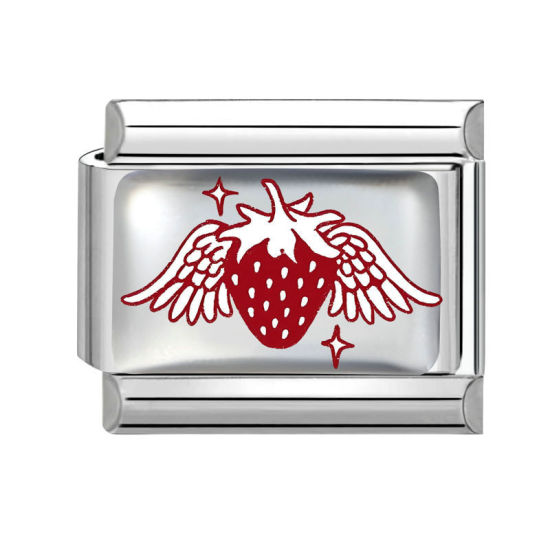 Bild von 1 Stück 304 Edelstahl Charm-Armband mit italienischen Gliedern zur Herstellung von DIY-Schmuck Silberfarbe Rot Rechteck Kirsche 10mm x 9mm