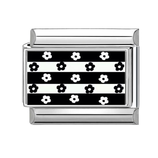 Image de 1 Pièce Bracelet à Maillons Breloques Italiens Accessories de Fabrication de Bracelets Bijoux DIY en 304 Acier Inoxydable Argent Mat Noir & Blanc Rectangle Fleurs 10mm x 9mm