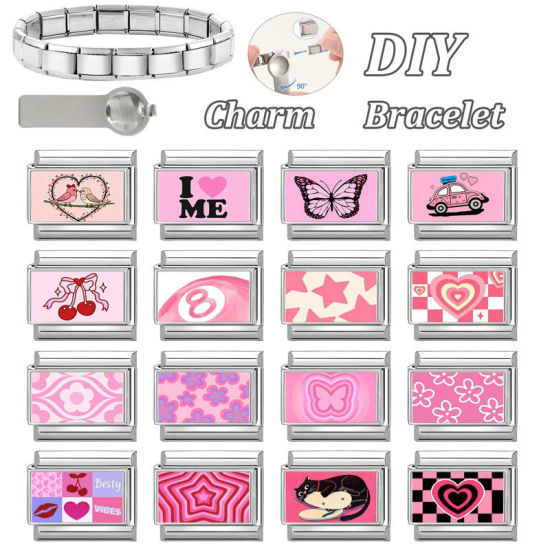 Imagen de 1 Unidad 304 Acero Inoxidable día de San Valentín Charm Pulsera de Eslabones Italianos para Hacer Joyas DIY Tono de Plata Rosado Rectángulo Corazón 10mm x 9mm