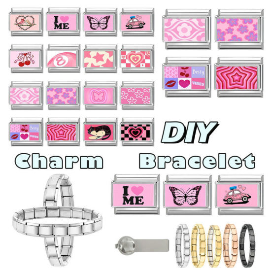 Imagen de 1 Unidad 304 Acero Inoxidable día de San Valentín Charm Pulsera de Eslabones Italianos para Hacer Joyas DIY Tono de Plata Rosado Rectángulo Corazón 10mm x 9mm