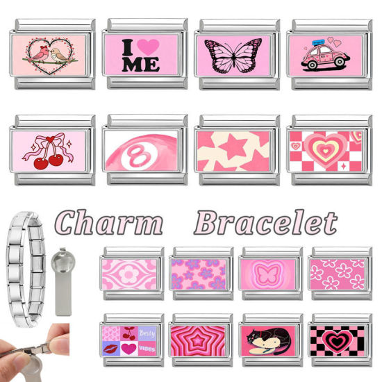 Imagen de 1 Unidad 304 Acero Inoxidable día de San Valentín Charm Pulsera de Eslabones Italianos para Hacer Joyas DIY Tono de Plata Rosado Rectángulo Corazón 10mm x 9mm