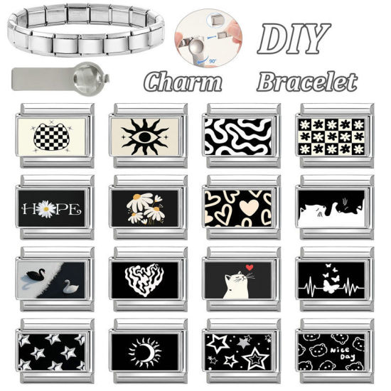 Image de 1 Pièce Bracelet à Maillons Breloques Italiens Accessories de Fabrication de Bracelets Bijoux DIY La Saint Valentin en 304 Acier Inoxydable Argent Mat Noir & Blanc Rectangle Cœur 10mm x 9mm