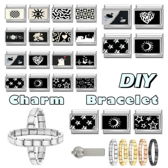 Image de 1 Pièce Bracelet à Maillons Breloques Italiens Accessories de Fabrication de Bracelets Bijoux DIY La Saint Valentin en 304 Acier Inoxydable Argent Mat Noir & Blanc Rectangle Cœur 10mm x 9mm